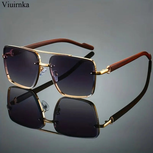 Mandotos International UV400 unisex square sunglasses with double bridge, wood grain finish, luxury style, with case for daily wear.
