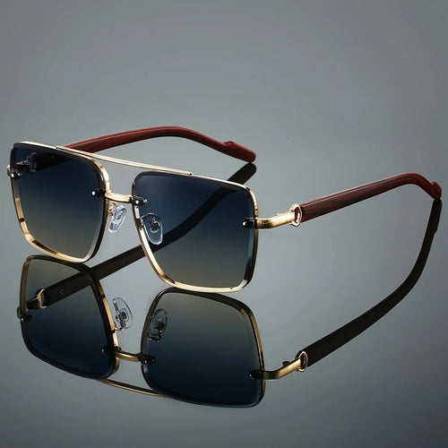 Mandotos International UV400 unisex square sunglasses with double bridge, retro wood grain design, in case for daily wear and travel.