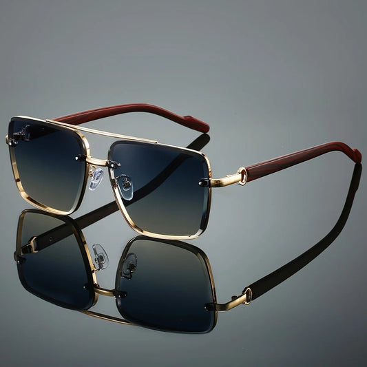 Mandotos International UV400 unisex square sunglasses with double bridge, retro wood grain design, in case for daily wear and travel.