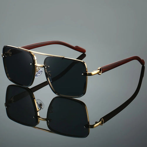 Unisex square UV400 sunglasses with double bridge design, wood grain finish, in a case for daily wear, driving, and travel.