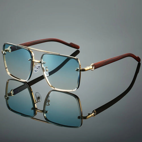 Mandotos International UV400 unisex square sunglasses with double bridge, retro wood grain design, case for daily wear and travel.