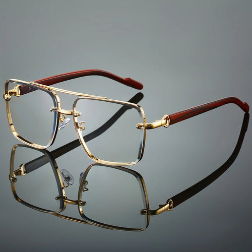 Mandotos International UV400 unisex square sunglasses with double bridge, retro wood grain design, in protective case for daily wear.