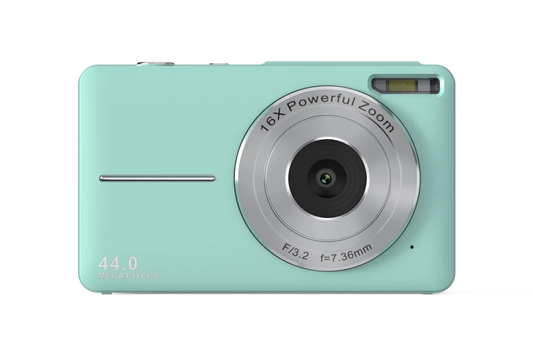 Vintage 4K compact camera by MANDOTOS INTERNATIONAL with 44MP photo display and retro design.