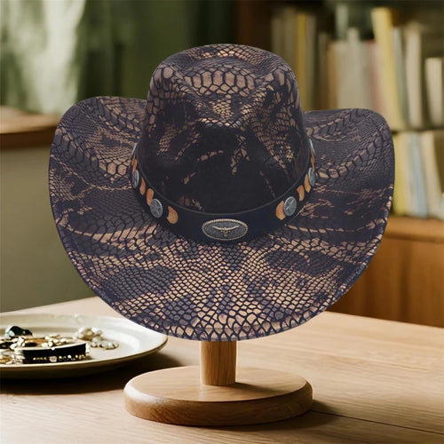 Vintage floral embroidered wide brim straw cowboy hat for women by MANDOTOS INTERNATIONAL, featuring intricate floral embroidery and wide brim design.