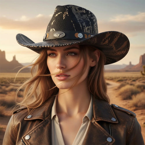 Vintage floral embroidered wide brim straw cowboy hat for women by MANDOTOS INTERNATIONAL, featuring intricate floral embroidery and wide brim design.