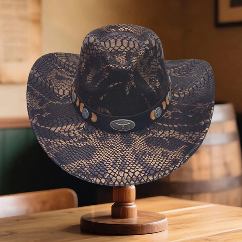 Vintage floral embroidered wide brim straw cowboy hat for women by MANDOTOS INTERNATIONAL, featuring intricate floral embroidery and wide brim.