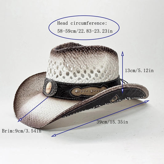 Vintage-inspired Western straw cowboy hat with concho band, unisex rodeo cowgirl style by MANDOTOS INTERNATIONAL.