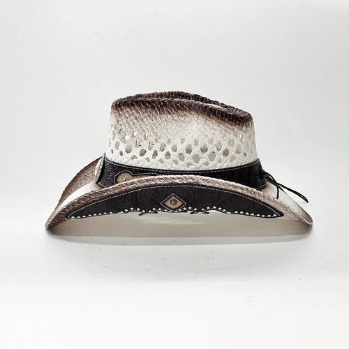Vintage-inspired Western straw cowboy hat with concho band, unisex rodeo cowgirl style by MANDOTOS INTERNATIONAL.