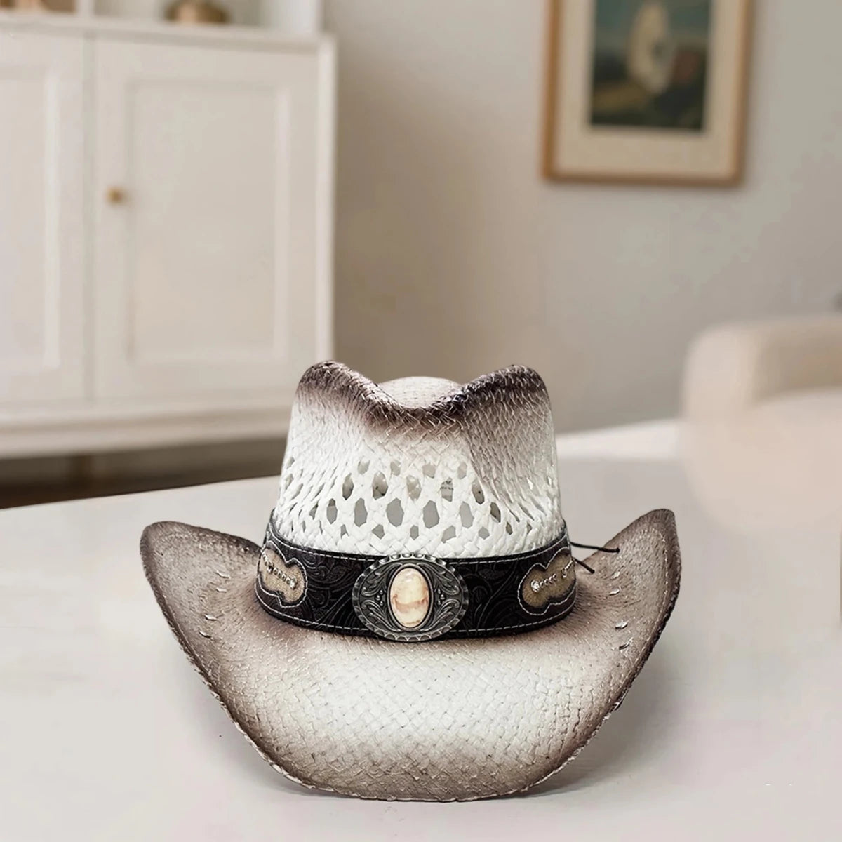 Vintage-Inspired Western Straw Cowboy Hat with Concho Band - Unisex Rodeo Cowgirl Style - MANDOTOS INTERNATIONAL