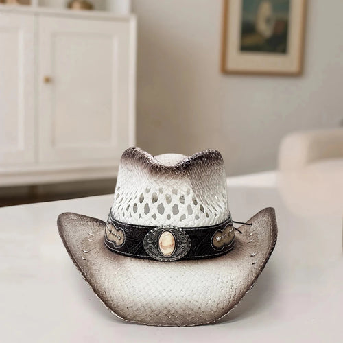 Vintage-inspired Western straw cowboy hat with concho band, unisex rodeo cowgirl style by MANDOTOS INTERNATIONAL.