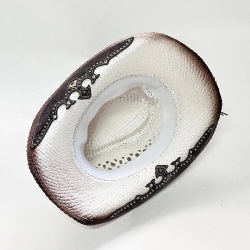 Vintage-inspired Western straw cowboy hat with concho band, unisex rodeo cowgirl style by MANDOTOS INTERNATIONAL.