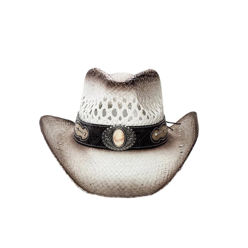 Vintage-inspired Western straw cowboy hat by MANDOTOS INTERNATIONAL with concho band, unisex rodeo cowgirl style.