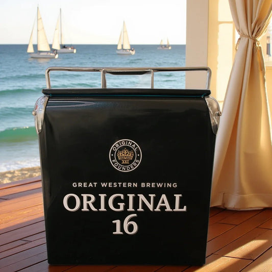 Vintage iron cooler box by Mandotos International, 13L outdoor camping and picnic ice chest with rustic metal finish.