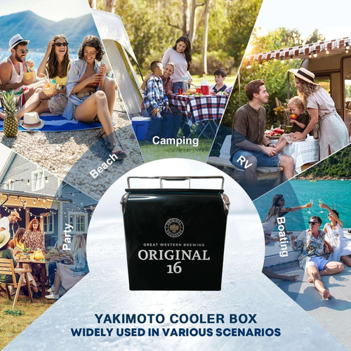 Vintage iron cooler box by MANDOTOS INTERNATIONAL, 13L outdoor camping and picnic ice chest with classic metal design.