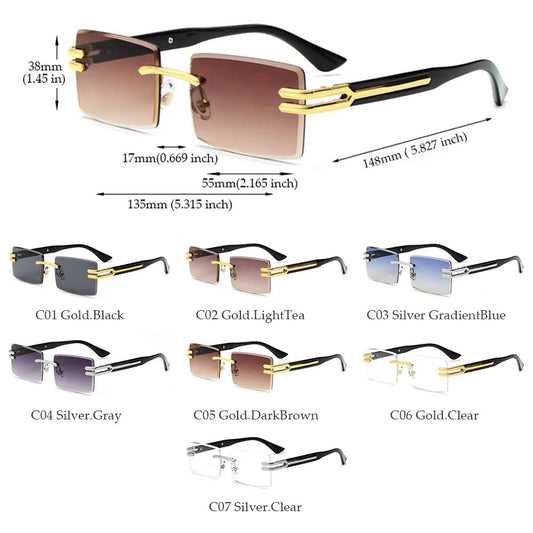 Vintage rimless sunglasses with stylish PC frames from MANDOTOS INTERNATIONAL, featuring sleek design and modern eyewear style.