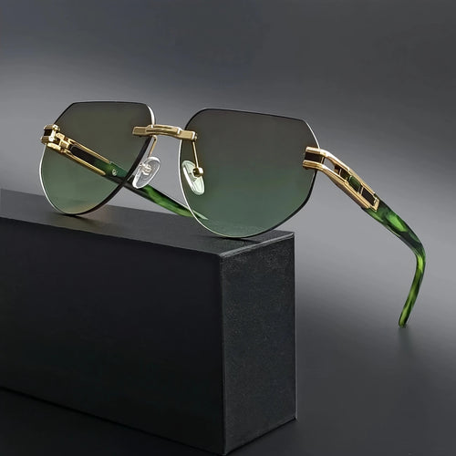 Vintage rimless sunglasses by MANDOTOS INTERNATIONAL, stylish unisex outdoor eyewear with sleek design and UV protection.