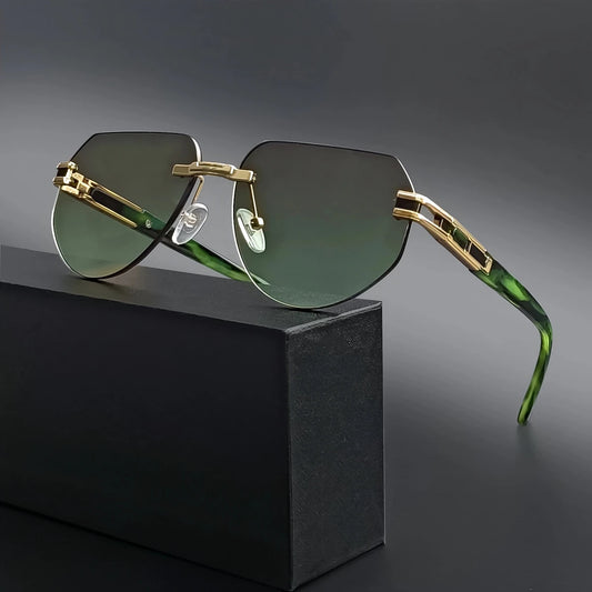 Vintage rimless sunglasses by MANDOTOS INTERNATIONAL, stylish unisex outdoor eyewear with sleek design and UV protection.