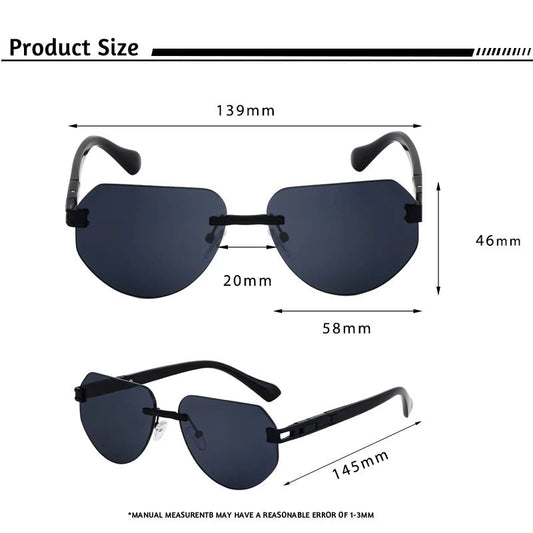 Vintage rimless sunglasses by MANDOTOS INTERNATIONAL, stylish unisex outdoor eyewear with sleek, minimalist design.