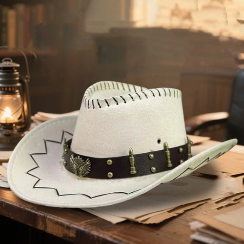 Vintage Rodeo cowboy hat with wide brim and gun holster by MANDOTOS INTERNATIONAL, classic Wild West style accessory