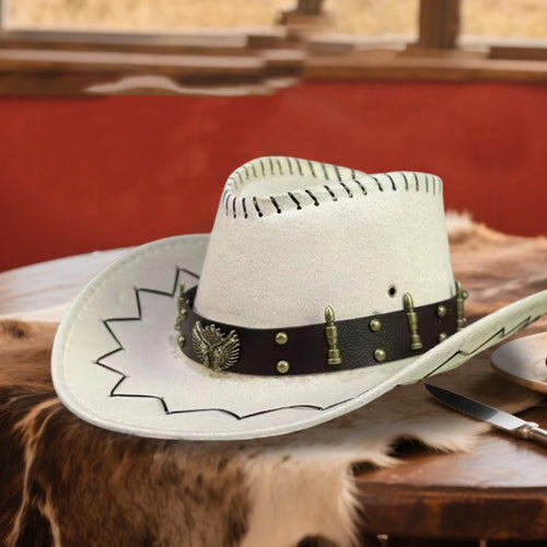 Vintage cowboy hat with wide brim and gun holster, inspired by Wild West style, by MANDOTOS INTERNATIONAL.