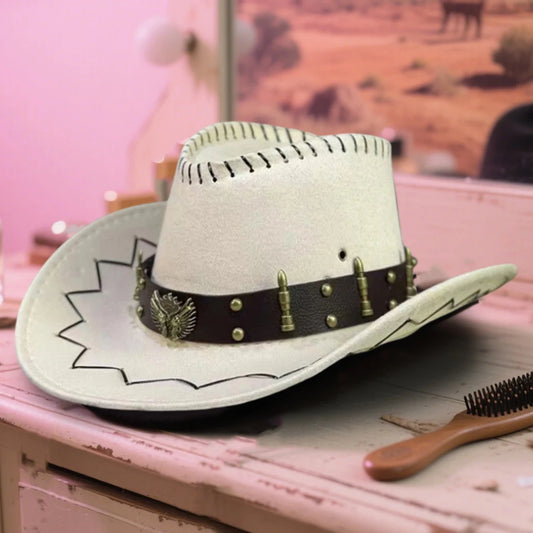 Vintage Rodeo Cowboy Hat with Gun Holster by MANDOTOS INTERNATIONAL, wide brim Wild West cap with leather details.