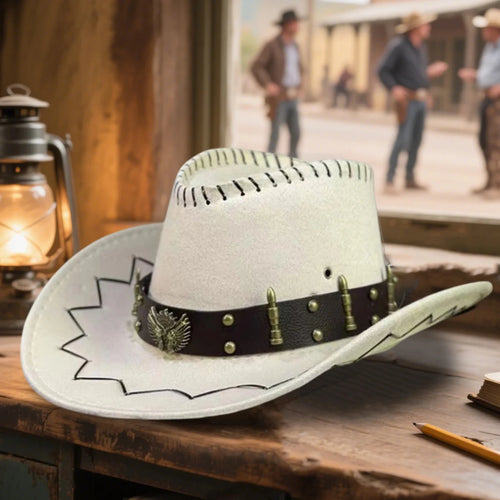 Vintage Rodeo cowboy hat with gun holster, wide brim Wild West cap by MANDOTOS INTERNATIONAL, featuring leather details and cowboy style.