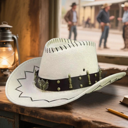Vintage Rodeo cowboy hat with gun holster, wide brim Wild West cap by MANDOTOS INTERNATIONAL, featuring leather details and cowboy style.
