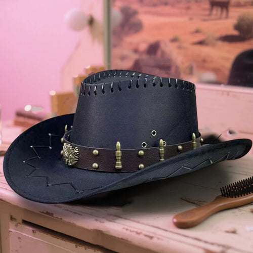Vintage Rodeo Cowboy Hat with Gun Holster by MANDOTOS INTERNATIONAL, wide brim Wild West style cap featuring authentic details.