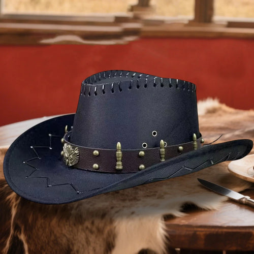 Vintage Rodeo Cowboy Hat with Gun Holster by MANDOTOS INTERNATIONAL, wide brim Wild West cap with authentic Western style.