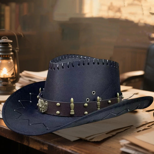 Vintage Rodeo Cowboy Hat with Gun Holster by MANDOTOS INTERNATIONAL, wide brim wild west cap with authentic western style.