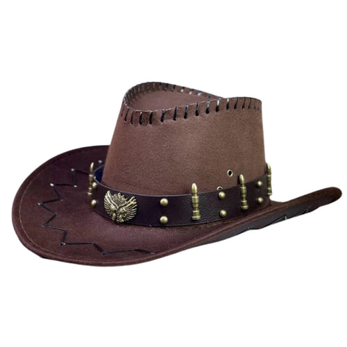 Vintage Rodeo cowboy hat by MANDOTOS INTERNATIONAL with wide brim and gun holster, classic Wild West style accessory.