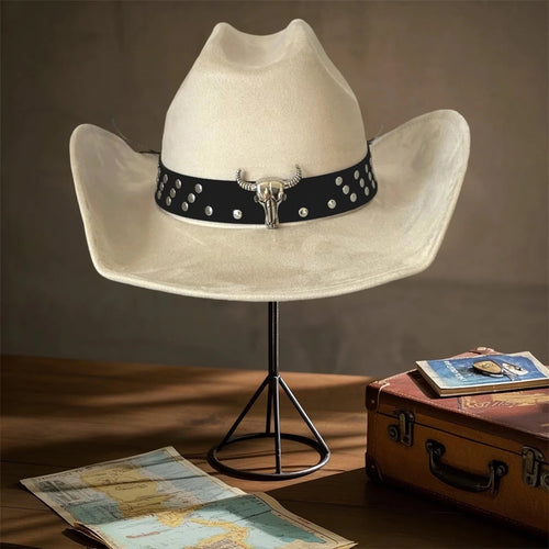 Vintage unisex cowboy hat by MANDOTOS INTERNATIONAL with bull head bead and wide brim fedora style.
