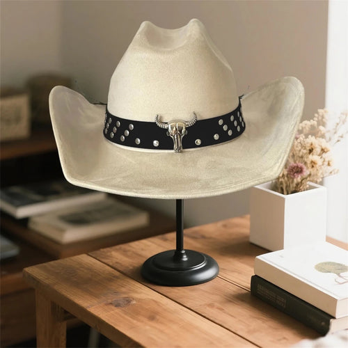 Vintage unisex cowboy hat by MANDOTOS INTERNATIONAL featuring a bull head bead and wide brim fedora style.