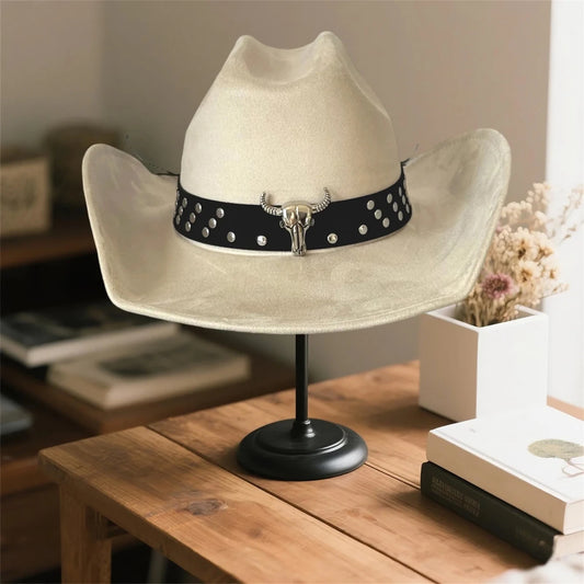 Vintage unisex cowboy hat by MANDOTOS INTERNATIONAL featuring a bull head bead and wide brim fedora style.