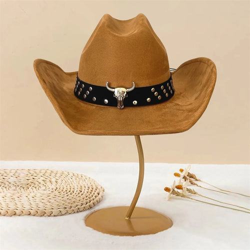 Vintage unisex cowboy hat by MANDOTOS INTERNATIONAL with a bull head bead and wide brim fedora style.