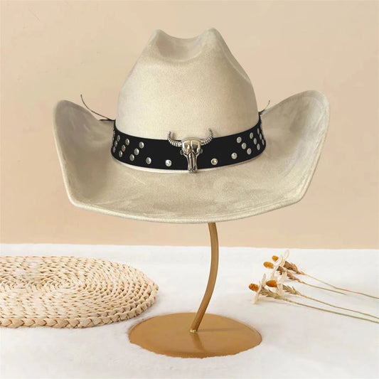Vintage unisex cowboy hat with wide brim, bull head bead detail, by MANDOTOS INTERNATIONAL, featuring classic Western style.