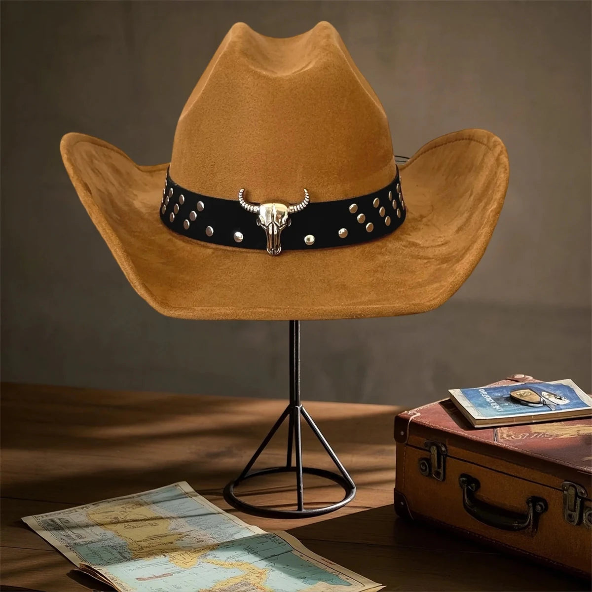 Vintage Unisex Cowboy Hat with Bull Head Bead and Wide Brim Fedora - MANDOTOS INTERNATIONAL
