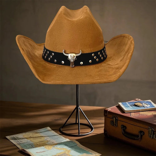 Vintage unisex cowboy hat with bull head bead and wide brim, stylish fedora by MANDOTOS INTERNATIONAL