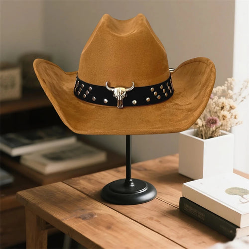 Vintage unisex cowboy hat by MANDOTOS INTERNATIONAL with a bull head bead and wide brim, classic western fedora style.