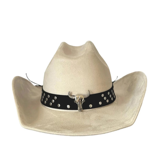 Vintage unisex cowboy hat with bull head bead and wide brim fedora by MANDOTOS INTERNATIONAL, showcasing a stylish western accessory.