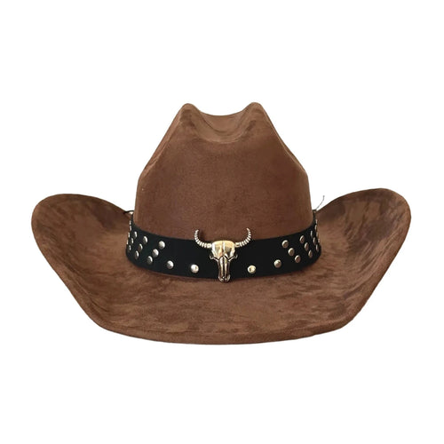 Vintage unisex cowboy hat by MANDOTOS INTERNATIONAL with bull head bead and wide brim, stylish fedora design.