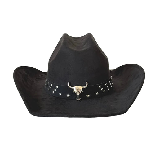 Vintage unisex cowboy hat by MANDOTOS INTERNATIONAL with bull head bead, wide brim, and fedora style.