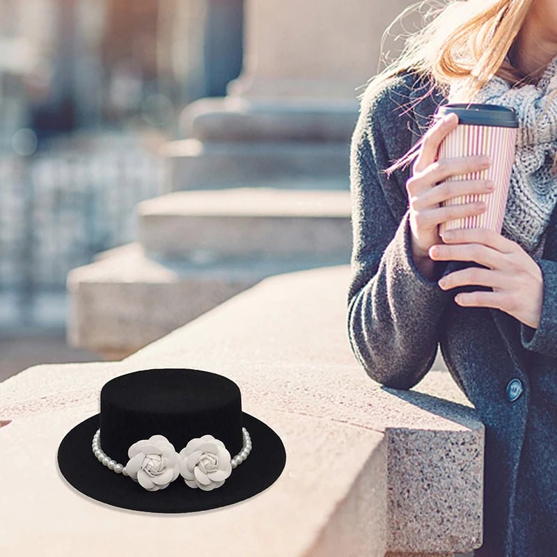 Vintage Wool Boater Hat with Pearl Flower Decor, Classic British Style Fedora for Women - MANDOTOS INTERNATIONAL