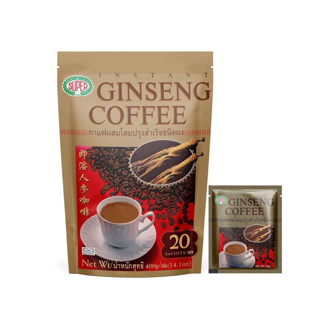 Bottle of VitalGinseng Brew by MANDOTOS INTERNATIONAL with fresh ginseng roots and herbal ingredients visible