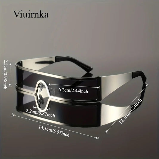 Mandotos International VIUIRNKA men's cyberpunk metal wraparound sunglasses with wide temples and futuristic design.