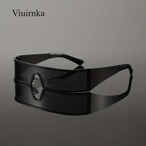 Mandotos International VIUIRNKA men's cyberpunk metal wraparound sunglasses with wide temples, futuristic design and protective case.