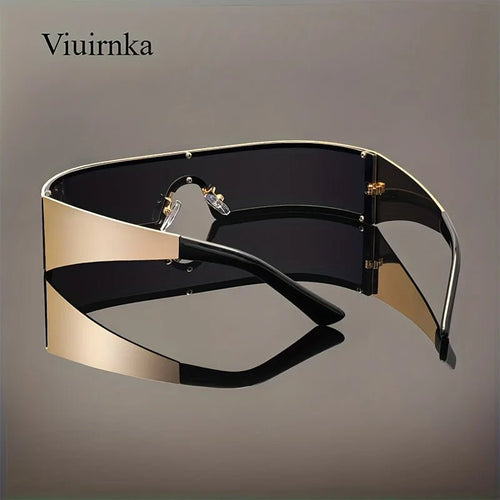Mandotos International VIUIRNKA men's cyberpunk metal wraparound sunglasses with wide temples and futuristic design, includes case.
