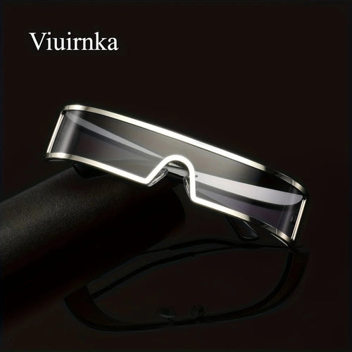 Mandotos International VIUIRNKA men's cyberpunk metal wraparound sunglasses with wide temples and futuristic design, shown with case.