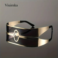 VIUIRNKA Men's Sunglasses, Cyberpunk Metal Wraparound Frame, Wide Temple Futuristic Design With Case, Lightweight Street Style - MANDOTOS INTERNATIONAL