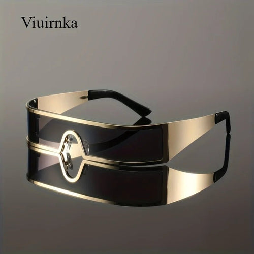Mandotos International VIUIRNKA men's cyberpunk metal wraparound sunglasses with wide temples and futuristic design.